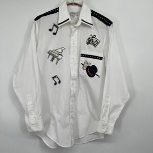 Marquis Womens White Bedazzled Piano Magic Music Embroidered Button Up Shirt Blo